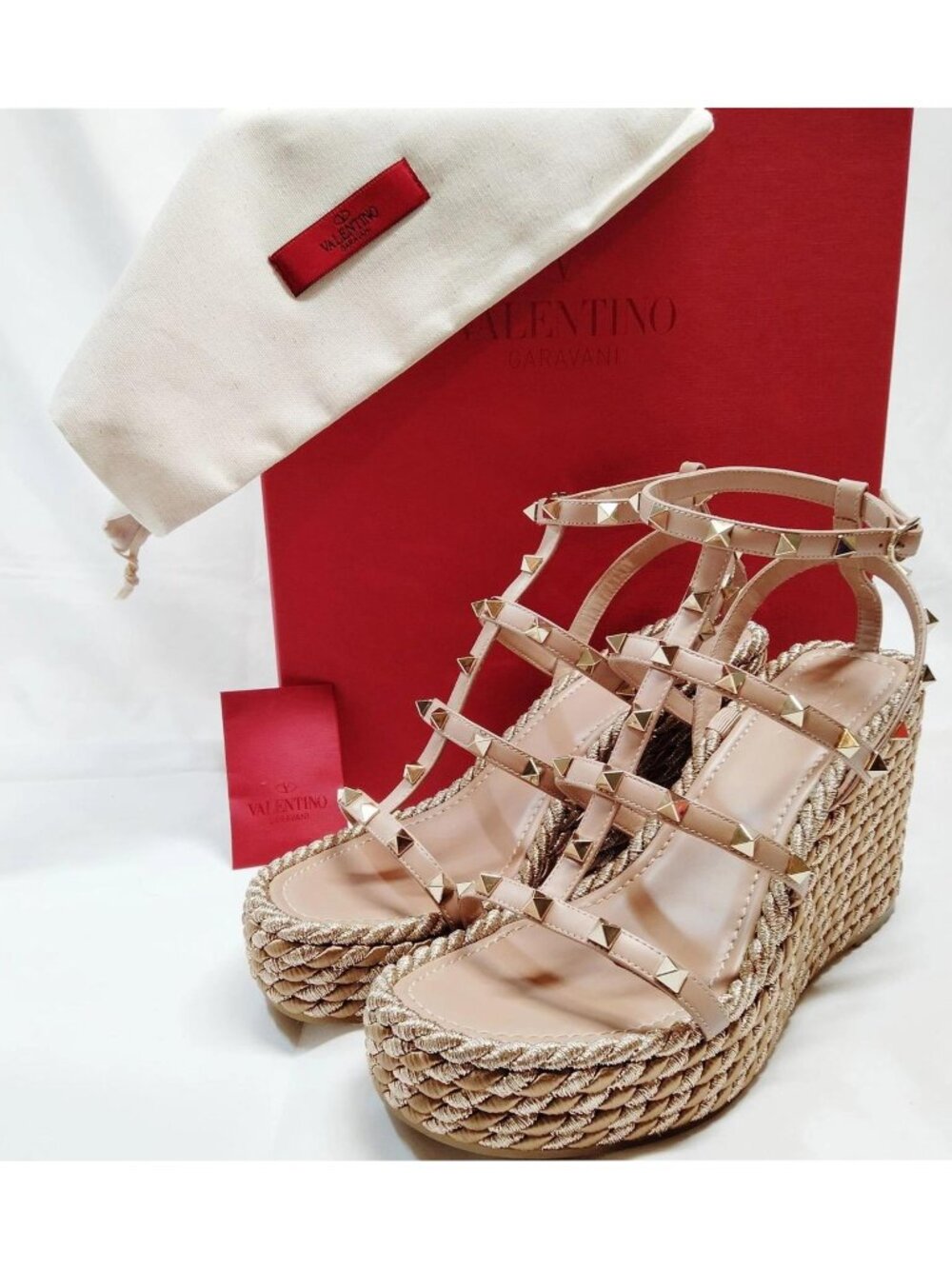 Authentic Valentino Garavani Rockstud Double Platform Espadrille Wedge Sandals